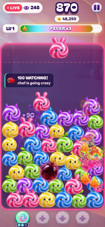 FEVER in POPCHAIN: the jar glows and the meter at the top reads FEVER x3