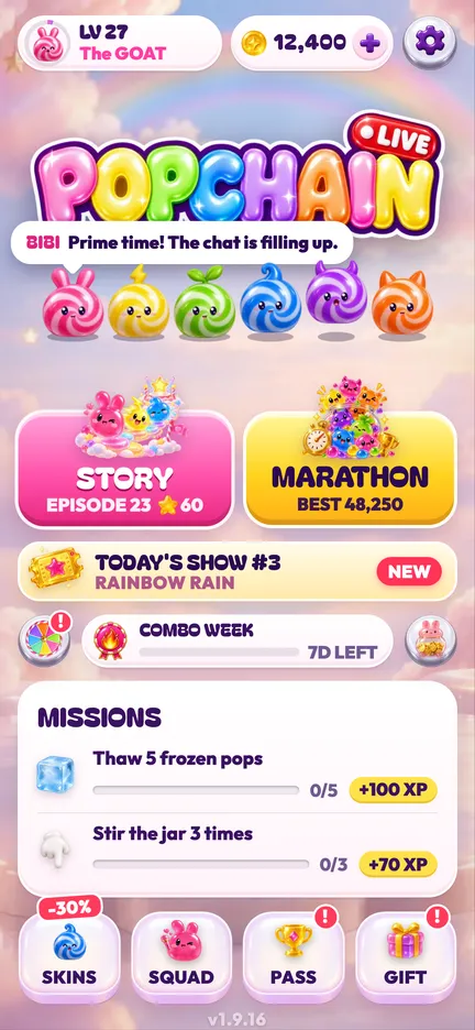 The POPCHAIN home screen with Story and Marathon buttons, today's show and daily missions