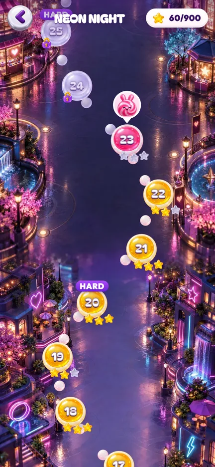 The POPCHAIN story map in the Neon Night world, with numbered shows and stars
