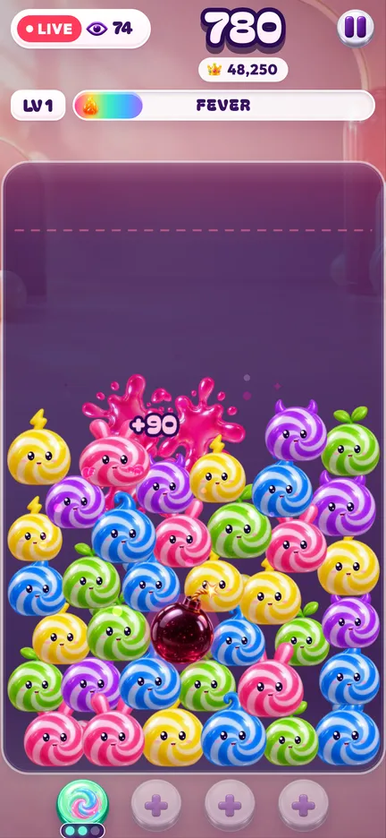 A POPCHAIN run: a glass jar full of colorful jellies, the score and viewer count at the top